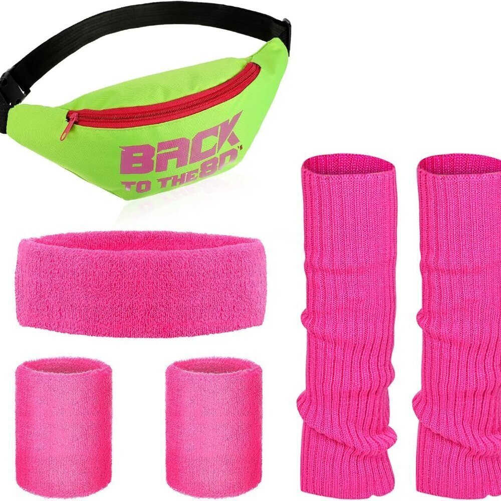 80s Women Workout Set Neon Leg Warmers Headband Wristbands Fanny Pack Yoga Runni